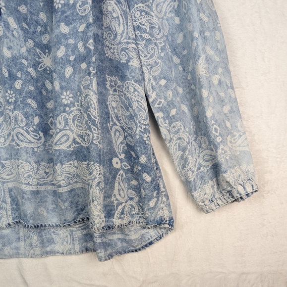 Vintage America Chambray Denim Peasant Blouse Top XXL Blue Handkerchief Print - Picture 11 of 15